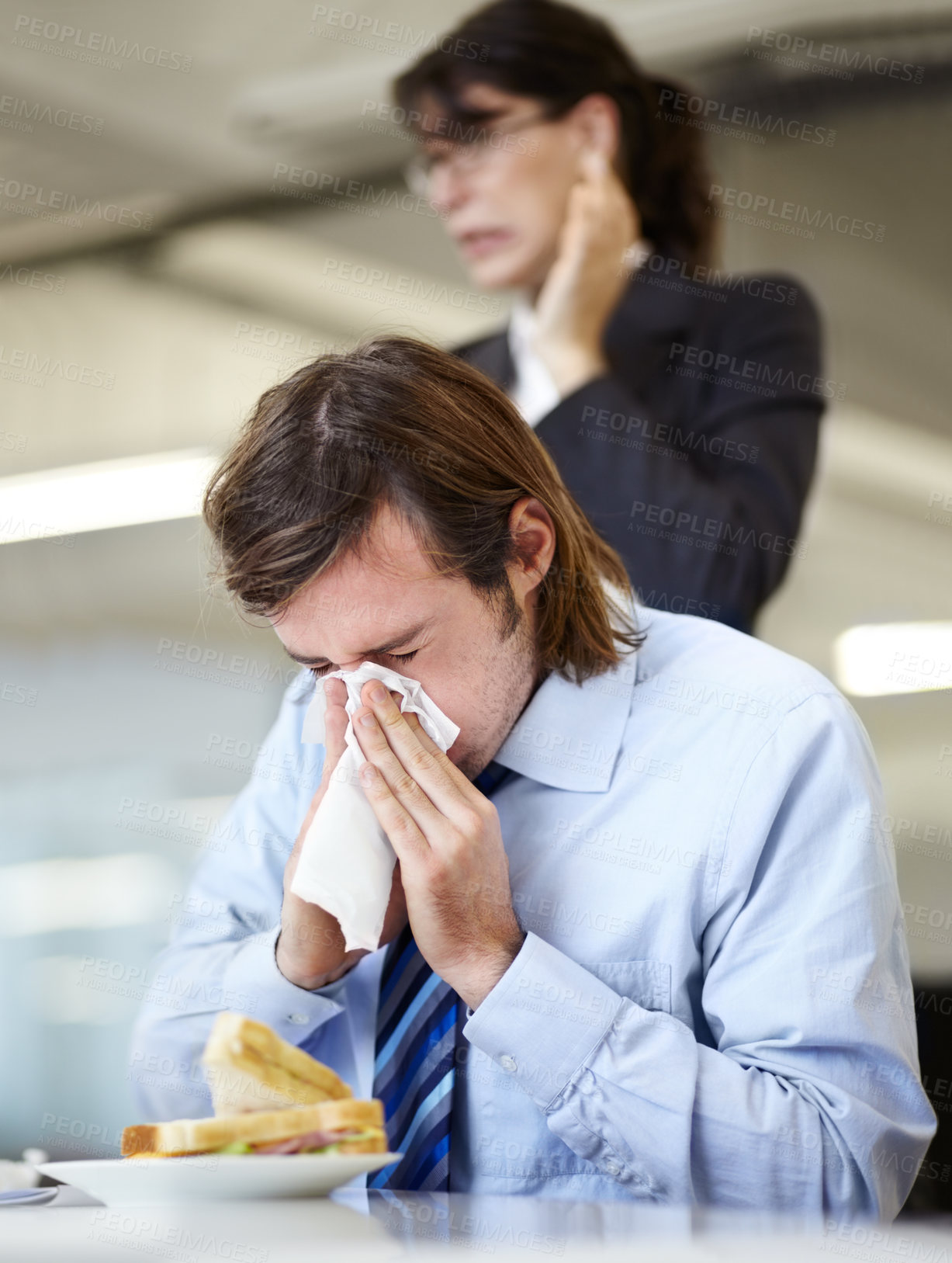 Buy stock photo Businessman, nose blow or office colleague disgusted or sick allergies, flu symptoms or sinusitis at lunch. Male person, woman or job tissue or cold sneeze hygiene, hay fever allergy or virus germs