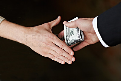 Buy stock photo Hands, bribe and cash for payment, deal with handshake, corruption and crime opportunity with dark background. People, businessman or corporate scam with money laundering and professional fraud  