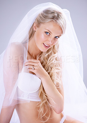 Buy stock photo Portrait, wedding and young bride in bra or with lace veil for 
lingerie or makeup and hairstyle. Happy, newlywed and woman with diamond ring or underwear ready for marriage in grey background 
