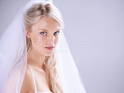 Buy stock photo Portrait, bride and woman with beauty, makeup and celebration on a white studio background. Face, person and model with mockup space, wedding and marriage with girl, veil and commitment with style