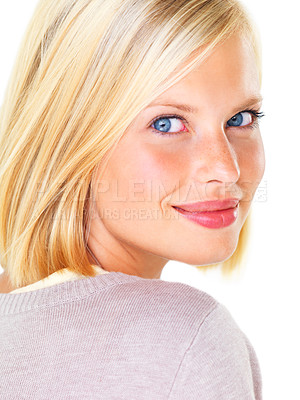 Buy stock photo Gorgeous young blond woman smiling happily against a white background
