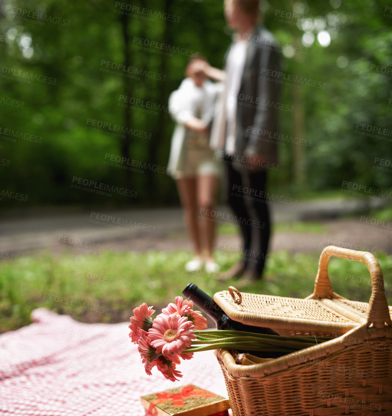 Buy stock photo Surprise, picnic and couple with love, nature and happiness with marriage, anniversary and romance. Romantic, man and woman with a basket, flowers and wine with relationship, countryside and excited