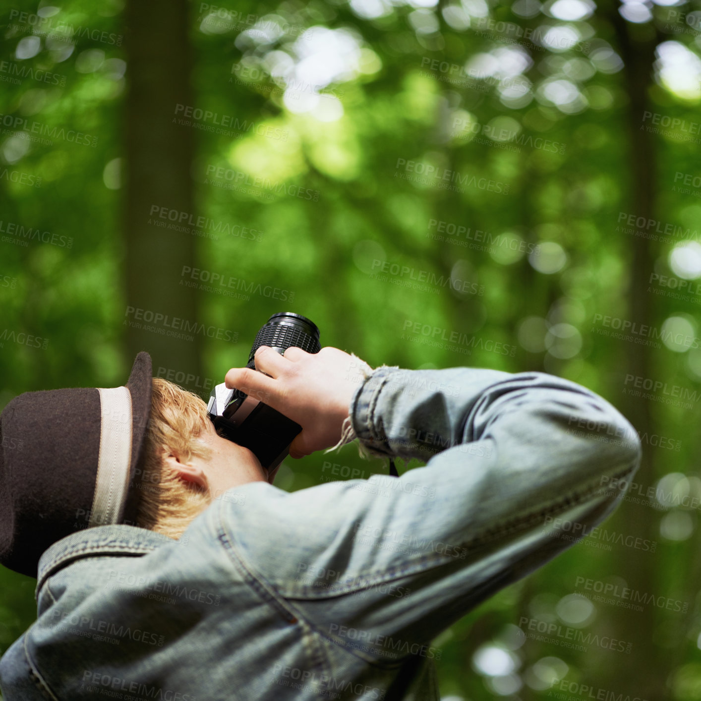 Buy stock photo Photograph, nature and man with a camera, travel and tourism with a view, trees and freedom. Person, photography and guy with mountains, traveller and retro with landscape, creative and adventure