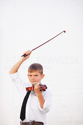 Buy stock photo Boy, portrait or violin practice for music lesson, musician talent and learning skill. Male person, school child or white background or bow instrument hobby education or knowledge, audio or listening