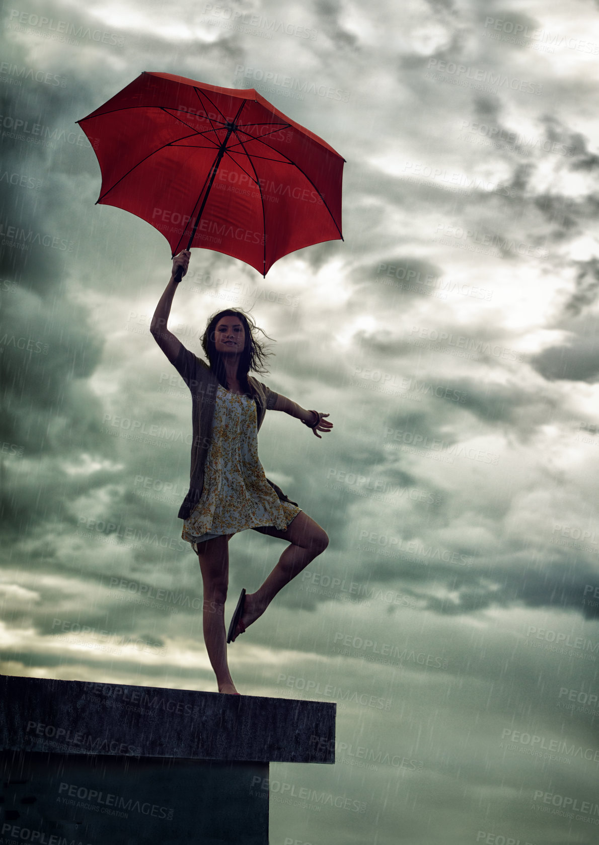Buy stock photo Woman, ready and umbrella on rooftop, adventure and freedom on trip to Croatia by sky background. Female person, vacation and joy or positive for getaway, energy and balance on holiday in ballet pose
