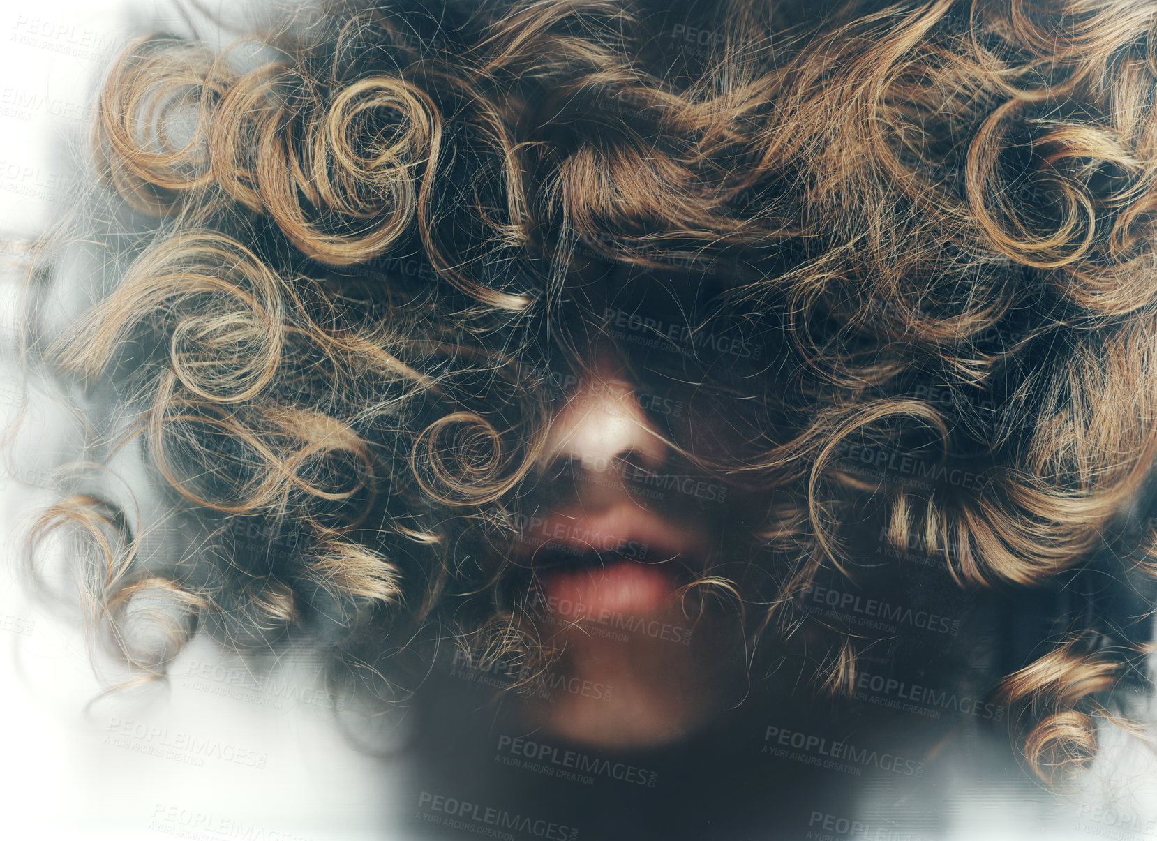 Buy stock photo Person, hair and beauty in closeup from bottom view for portrait in studio on white background. Male model, curls or natural with care, style and healthy growth with cosmetic, keratin and treatment