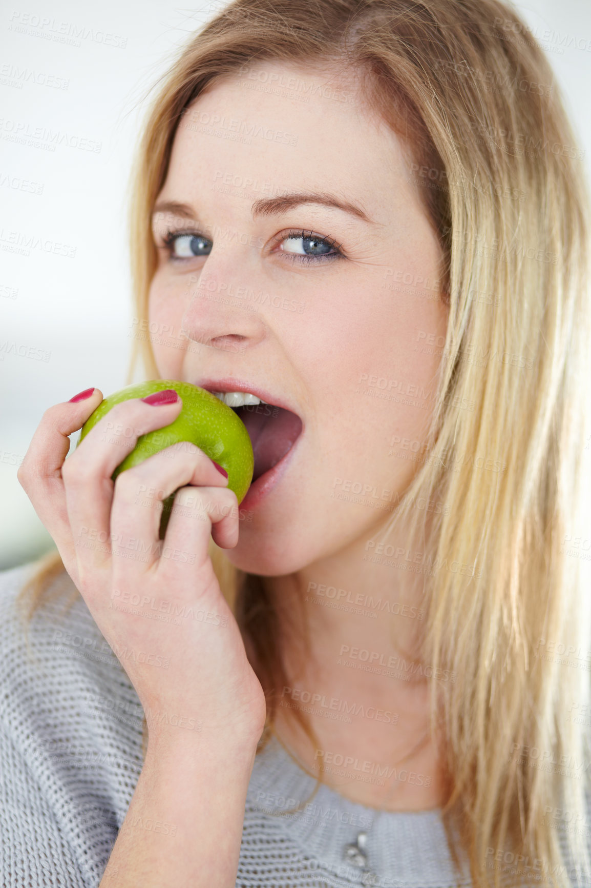 Buy stock photo Health, apple and portrait of woman with fruit for healthy eating, meal and vegan snack at home. Food, nutrition and happy female person bite apples for diet, wellness and detox on white background