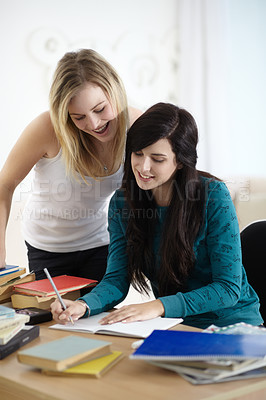 Buy stock photo Education, student and women writing in a book for homework, essay and assignment research in their home. Remote, learning and girl university friends help with notes, idea and creative brainstorming