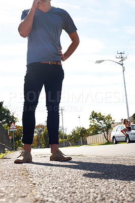 Buy stock photo Standing, legs and a man with a shadow in the street for walking, enjoying summer or a break. Low, fashion and a person in the road for relax, sunshine or urban in a neighborhood for stylish
