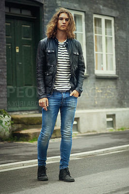 Buy stock photo Man, portrait and fashion, streetwear and clothes with hair and pose in street or city in denim. Urban, young and gen z with serious model outdoor, casual outfit and hipster, cool and trendy