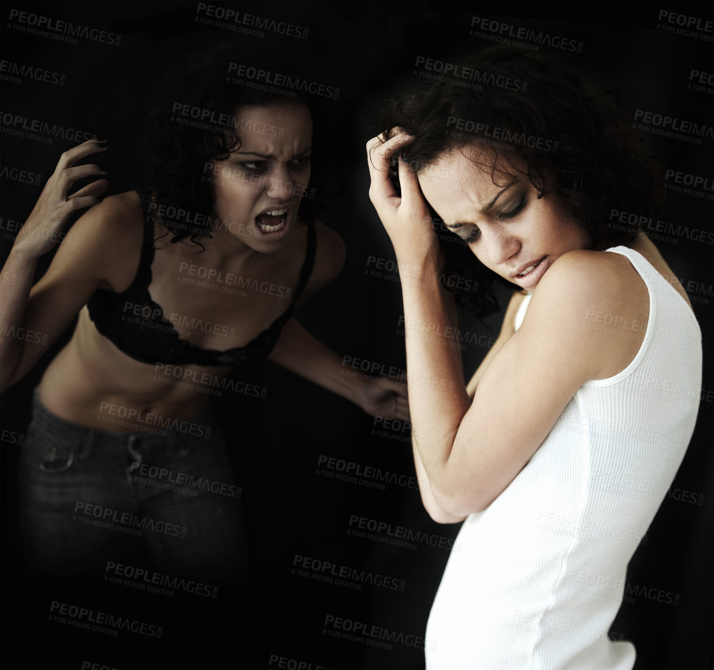 Buy stock photo Anorexia, bipolar and woman with stress, identity crisis and depression against a dark studio background. Female person, model and girl with mental health issue, problem and anxiety with trauma