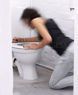 Buy stock photo Toilet, sick and woman vomiting while suffering from anorexia, depression or anxiety. Stress, bathroom and female with body dysmorphia, bulimia or an eating disorder, nausea and mental health problem