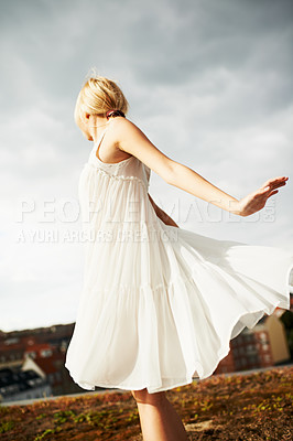 Buy stock photo Dance, countryside and a woman for ballet in summer, freedom and happy on a rooftop. Nature, retro and a young girl or dancer in a field or nature for moving, carefree and pride as a ballerina