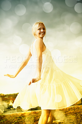 Buy stock photo Smile, bokeh and blonde woman in dress in the countryside, dance and freedom outdoor in summer. Happy, nature and person moving with energy on holiday, vacation or celebration for travel on field