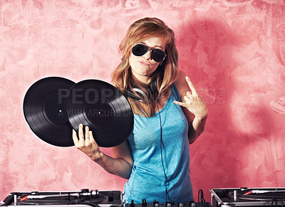 Buy stock photo DJ woman, mixer and portrait with vinyl records, sunglasses and horns sign at club, studio or party. Girl, music director and party with rock icon, turntable or attitude for event, celebration or job