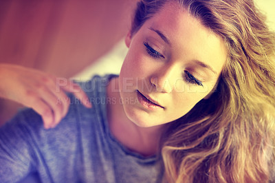 Buy stock photo Face, beauty and relax with a woman in the living room of her apartment on the morning of a weekend. Thinking, peace and wellness with a young person closeup in her home for chilling or rest