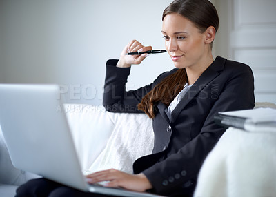 Buy stock photo Business woman, couch and laptop for thinking with mindset, smile or idea for vision in home office. Entrepreneur, freelancer and computer with focus, goal or remote work with pen, search or ideas