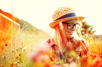Buy stock photo Beautiful young hipster in a field - lomo-style photography