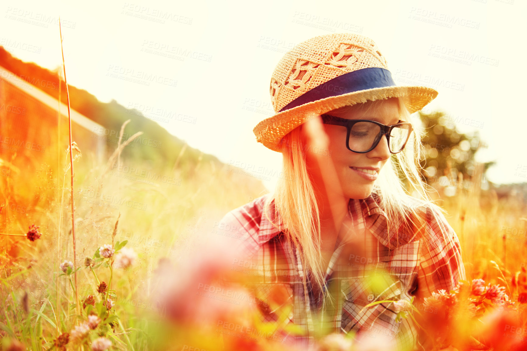 Buy stock photo Beautiful young hipster in a field - lomo-style photography