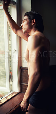 Buy stock photo thinking, home or man in underwear for fitness in bodybuilding workout, training or exercise. Topless model, bodybuilder or thoughtful person by window with shadow, ideas or body muscle for wellness