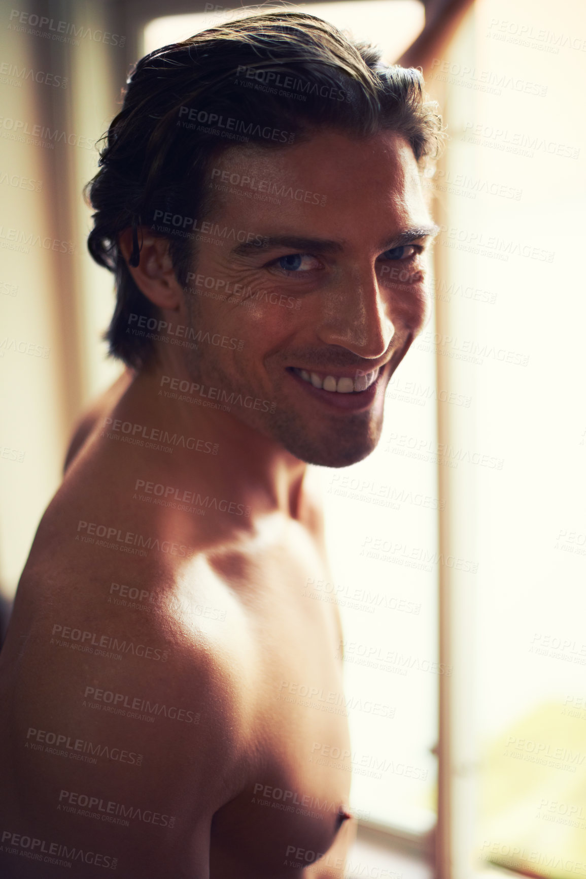 Buy stock photo Topless, portrait or happy man in house with smile, wellness or confidence by window in the morning. Face, shirtless or proud person with positive mindset or health at home in Brazil to relax