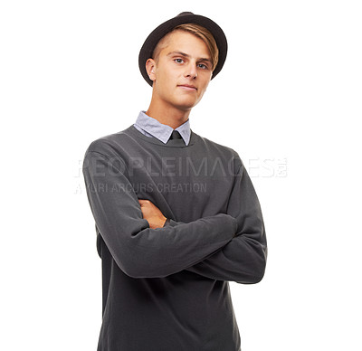Buy stock photo Portrait, man and hipster with arms crossed, confident guy and employee isolated on a white studio background. Face, person and model with formal clothes, hat and stylish outfit with comfort or proud