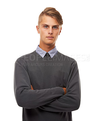 Buy stock photo Portrait, business and man with arms crossed, employee and confident guy isolated on a white studio background. Face, person and consultant with startup, entrepreneur and style with agent and worker
