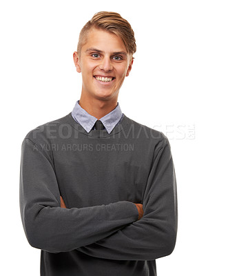 Buy stock photo Portrait, business and man with arms crossed, consultant and confident guy isolated on a white studio background. Face, person and employee with startup, entrepreneur and smile with agent and worker
