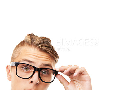 Buy stock photo Spectacles, half face and portrait of man in a studio with confused, doubt or squinting facial expression. Optometry, health and young male person with glasses or eyewear isolated by white background
