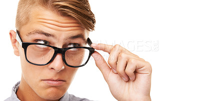 Buy stock photo Glasses, question and young man in a studio with confused, doubt or decision facial expression. Optometry, guess and male person from Canada with spectacles or eyewear isolated by white background.