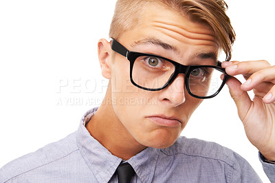 Buy stock photo Spectacles, optometry and portrait of man in a studio with confused, doubt or squinting facial expression. Vision, health and young male person with glasses or eyewear isolated by white background.