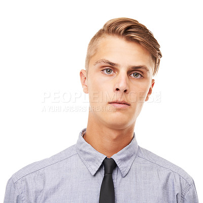 Buy stock photo Corporate, intern and portrait of man at work for law firm on white background in studio. Lawyer, internship and face of confident attorney in a tie or professional businessman mockup and space