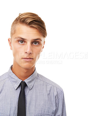 Buy stock photo Corporate, internship and portrait of man at work for law firm on white background in studio. Lawyer, intern and face of confident attorney in a tie or professional businessman in mockup and space