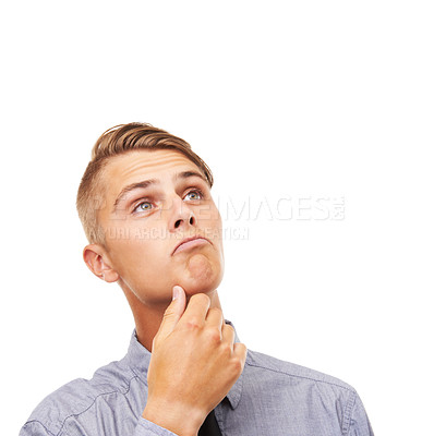 Buy stock photo Question, doubt and thinking with man, problem solving and opportunity isolated on a white studio background. Person, guy or model with inspiration, brainstorming or choice with planning and decision