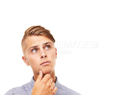 Buy stock photo Question, doubt and thinking with man, decision and problem solving isolated on a white studio background. Person, guy or model with inspiration, brainstorming or opportunity with planning and choice