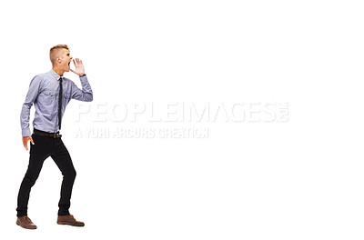 Buy stock photo Man, shouting and banner with business announcement, communication or mockup space. Professional, businessman or scream advice with voice in studio, white background or news bulletin for company