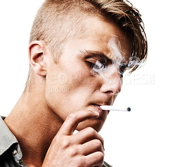 Buy stock photo Face, studio or man smoking a cigarette for stress, toxic addiction or unhealthy habit to relax. Dangerous, smoker or male person in Germany to inhale tobacco on white background or mockup space