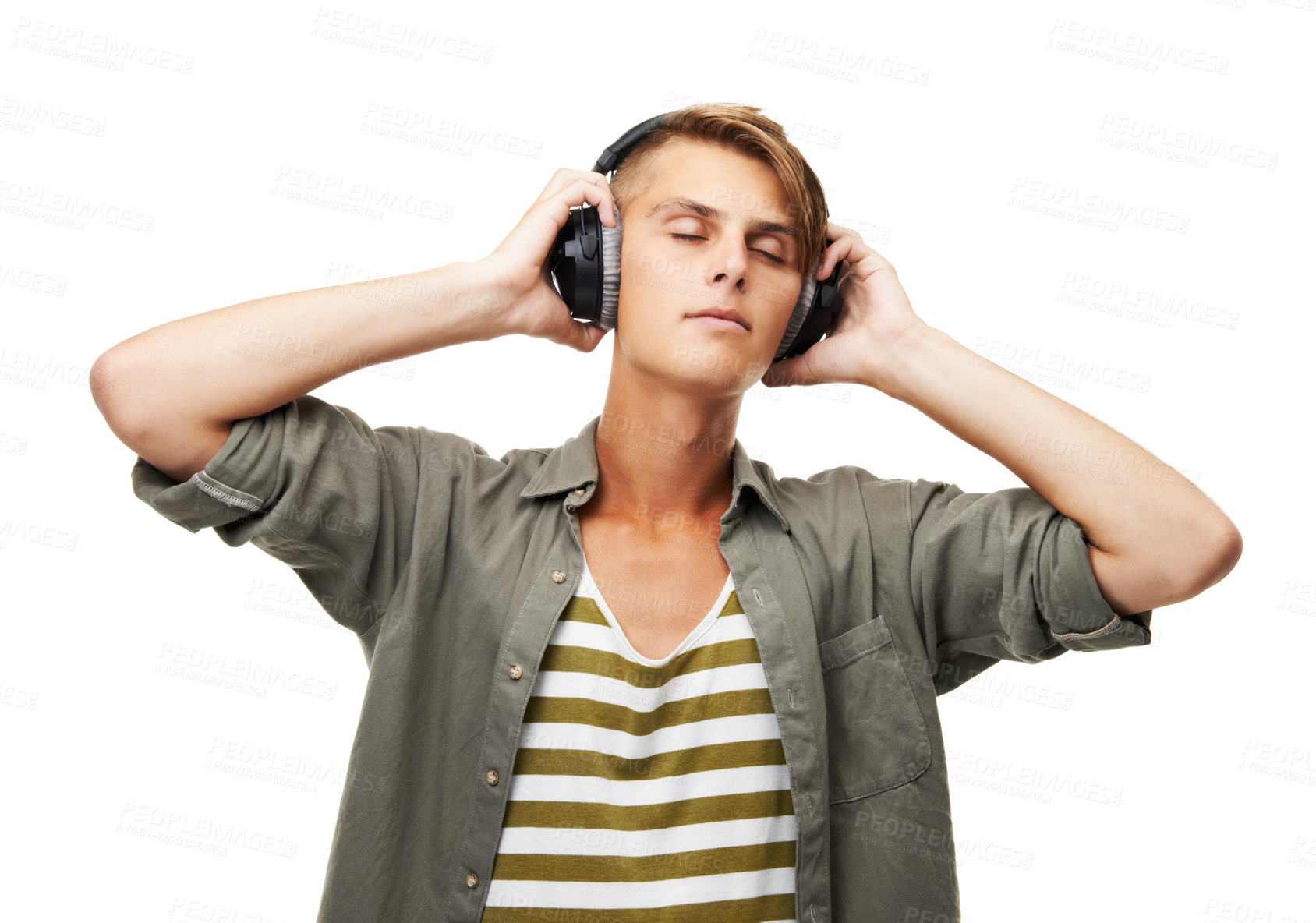 Buy stock photo Music, listening and man with headphones in studio white background streaming audio online. Radio, sound and person relax with rock album or hip hop track on technology with freedom and peace 