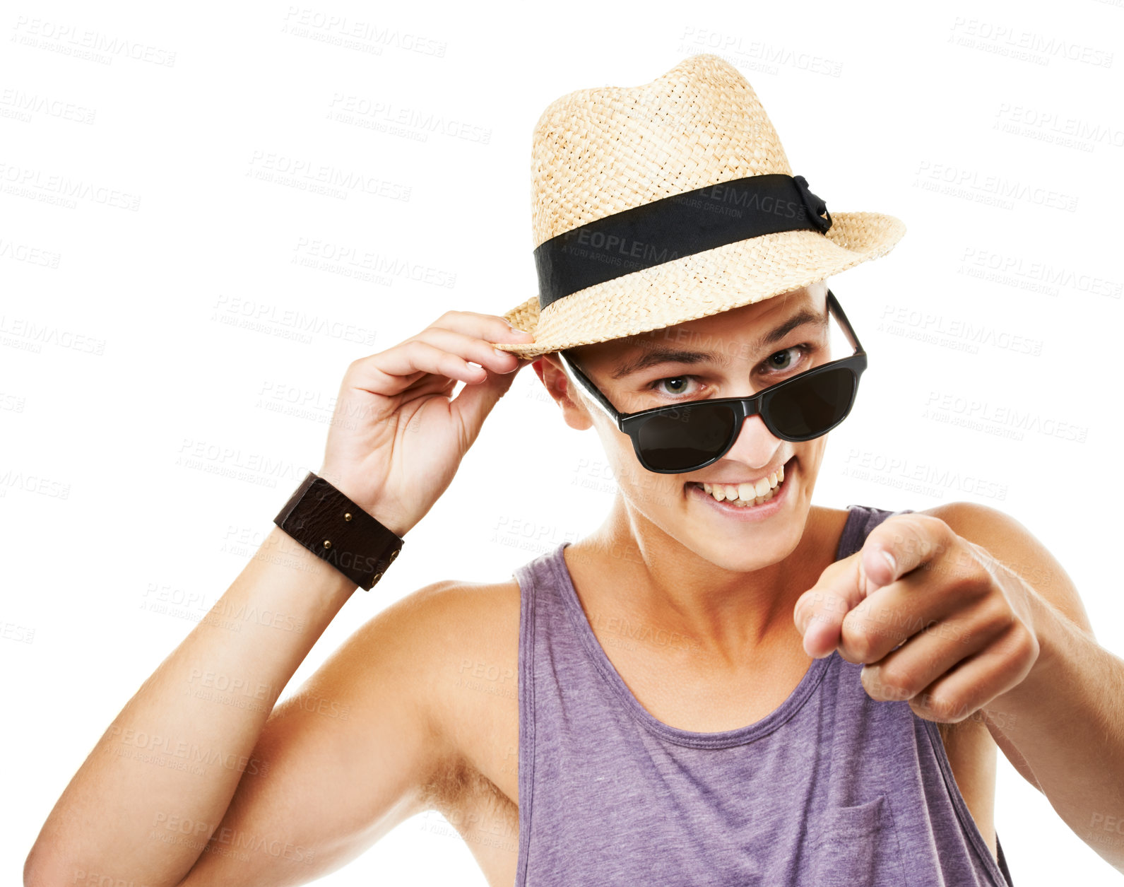 Buy stock photo Happy, pointing and portrait of a man in clothes for summer, fashion and greeting. Smile, sunglasses and a young person with a hat and vest for hipster style, stylish or trendy on a white background