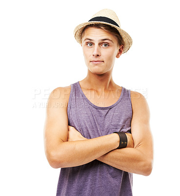 Buy stock photo Fashion, portrait and a man with arms crossed on a white background with pride and confidence. Looking, face and a guy or person with an expression, cool and stylish with fashionable clothes