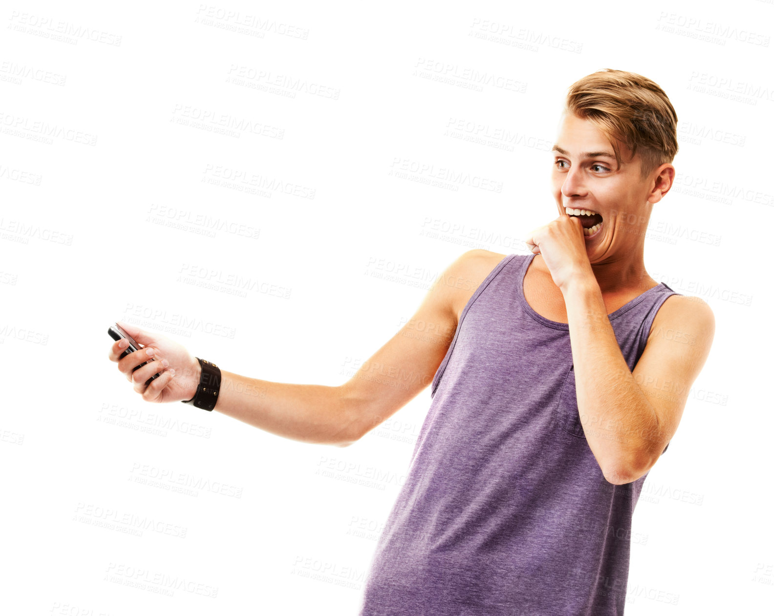 Buy stock photo Man, phone and biting hand in studio for message, notification or internet text on white background with surprise. Person, smartphone and nervous for social media, technology and email with network
