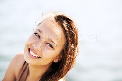 Buy stock photo Portrait, beauty and smile of woman outdoor, cosmetics and wellness in summer on mockup space. Face, confidence and attractive young person or happy girl for facial, natural and healthy skin in Spain