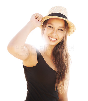 Buy stock photo Woman, portrait and hat white background sunshine for outdoor summer, weekend relax or holiday smile. Female person, model or face cap or happy confident or vacation break fun, travel or mockup space