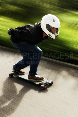 Buy stock photo Man, longboard and speed with motion blur on road with helmet for exercise, fitness and outdoor in summer. Person, skateboard and fast in street with thinking for extreme sports, training or moving