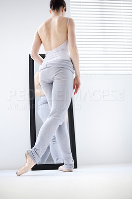 Buy stock photo Back, ballet and woman with fitness, mirror and training for a performance, technique and dance. Female person, girl or ballerina with reflection, creative or practice routine in a studio and dancing