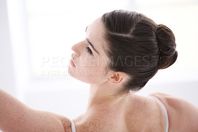 Buy stock photo Ballet dancer, back view and dance studio for performance practice, elegance or discipline talent. Female person, arms up or rehearsal for moving training for art hobby, expression or classy exercise