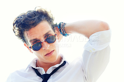 Buy stock photo Portrait of man with fashion, sunglasses and confidence on white background with attractive young person. Cool style, modern creative pun and face of handsome male model with summer rebel attitude.