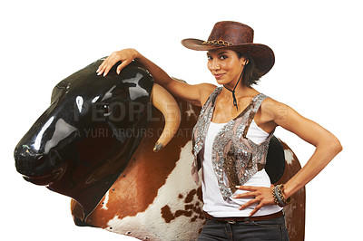 Buy stock photo Cowboy, woman and hands on rodeo bull machine for fitness portrait with western fashion in studio mockup. Model, smile face and strong body for wellness, exercise and texas sport by white background