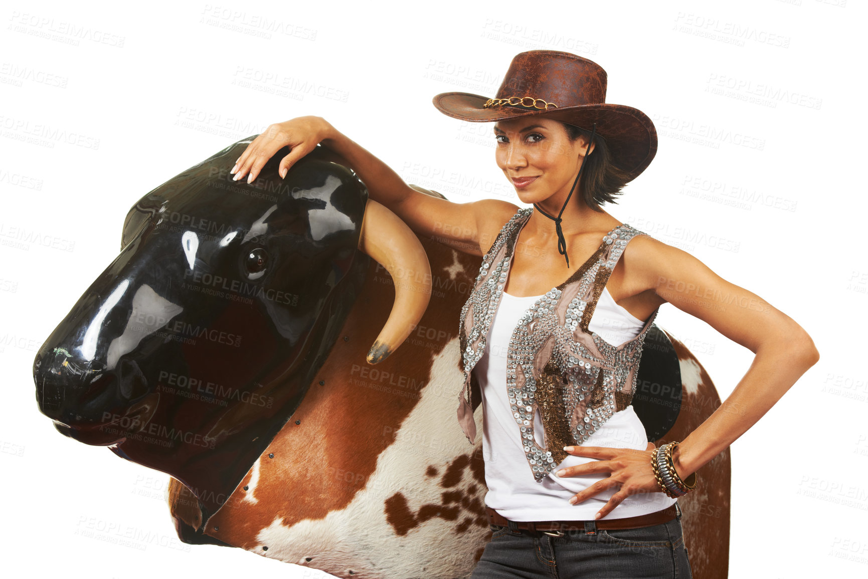 Buy stock photo Cowboy, woman and hands on rodeo bull machine for fitness portrait with western fashion in studio mockup. Model, smile face and strong body for wellness, exercise and texas sport by white background
