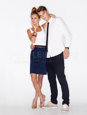 Buy stock photo Fashion, dating and portrait of couple on a white background with trendy clothes, style and elegant outfit. Love, aesthetic and isolated man and woman in studio with confidence, relationship and care